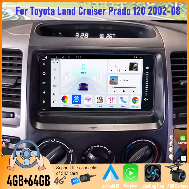 

7" Wireless Apple CarPlay Android Auto 6+128GB Car Radio For Toyota Land Cruiser Prado 120 2002-2008 Android 15 Head Unit GPS BT