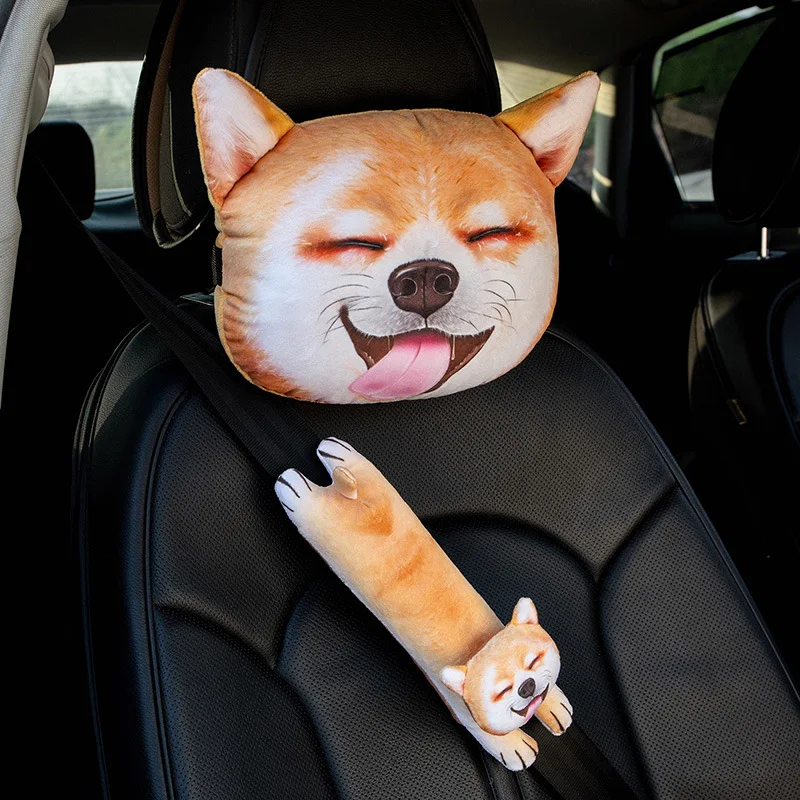 Cute Dog Cat Car Headrest Interesting Car Neck Pillow Safety Seat Belt Shoulder Cover Pad Men Women Girls Car Accessories