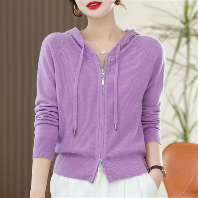 

Solid Color Sweater Jacket Spring Autumn Outerwear Cashmere Sweater Hooded Cardigan Women's Knitted Outerwear Long Sleeved Loose