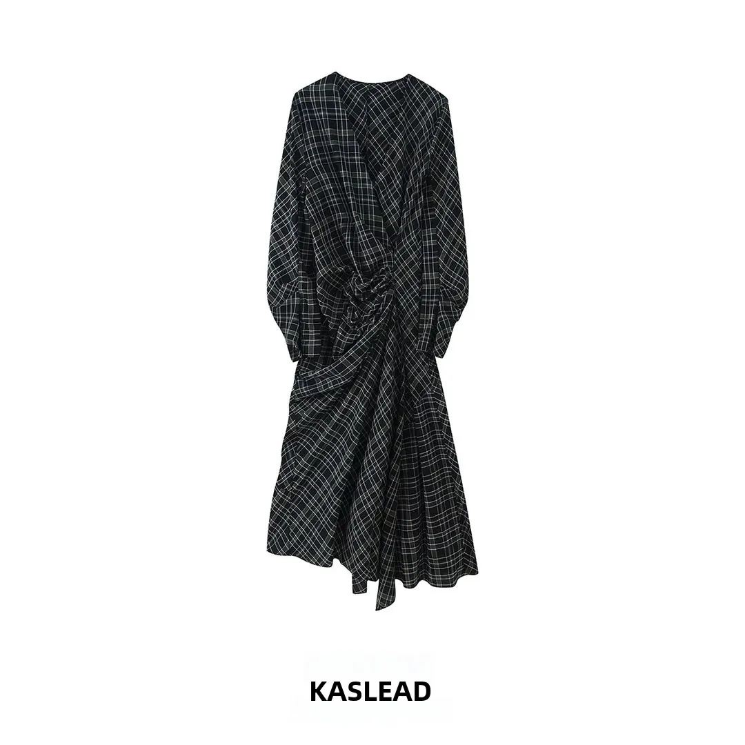 KASLEAD Faionable Plaid Dr Dames Street Sle Long Sve Ci Commute Polyester Vezel Gevouwen Rok Dr