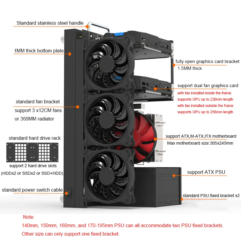 Handled DIY Computer Case PC Rack Open Air Desktop Chassis Support 360 Radiator 12CM Fan ATX X79 X99 Motherboard for Test Bench