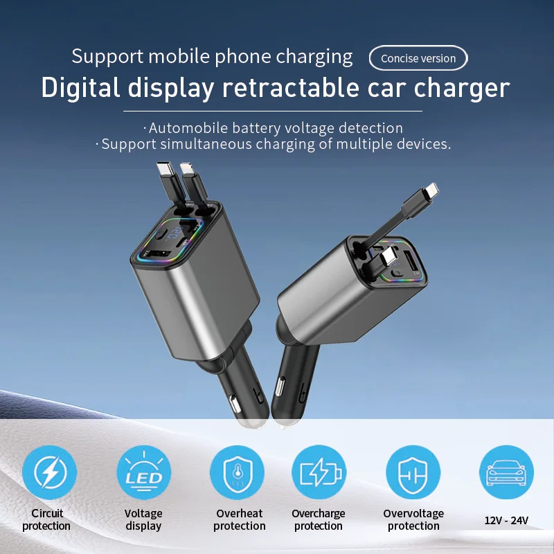 5 in 1 Car Charger with Voltage Display PD+USB Type C Super Fast 120W Car Charger Retractable Cord for iPhone Samsung OPPO