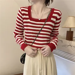 New style Korean version stripe Square Collar Women Knitted shirt Long sleeved Unique Pullover casual top Youth Elegant