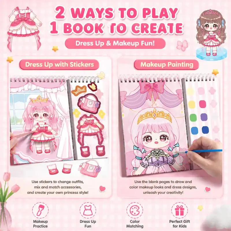 New Princess Dress Up Sticker Book With Coloring Makeup And Free Brushes For Girls Birthday Gifts And Daily Playtime