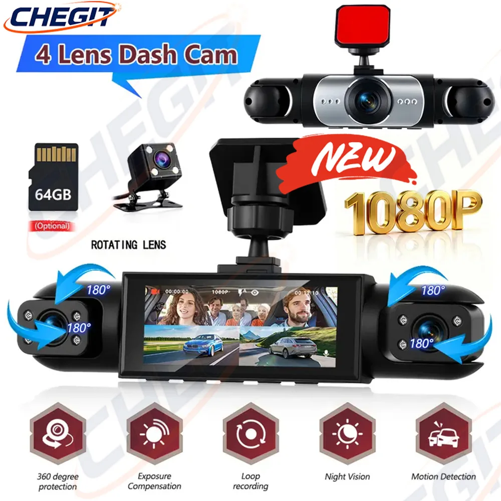 NOVO 360 °   Câmera para Carro 3/4 Lentes 1080P, Câmera de Gravação HD para Carro, DVR Automotivo, Câmera Frontal, Lateral e Traseira, Acessório para Carro camera para automóveis，camera carro veicular gravação，câmera v