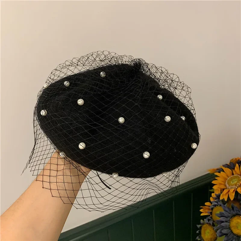 New Fashion Autumn Winter Female Beanie Beret Pumpkin Women Mesh Veil Wool Beret Luxury Sparkling diamond Pearl Painter Hat