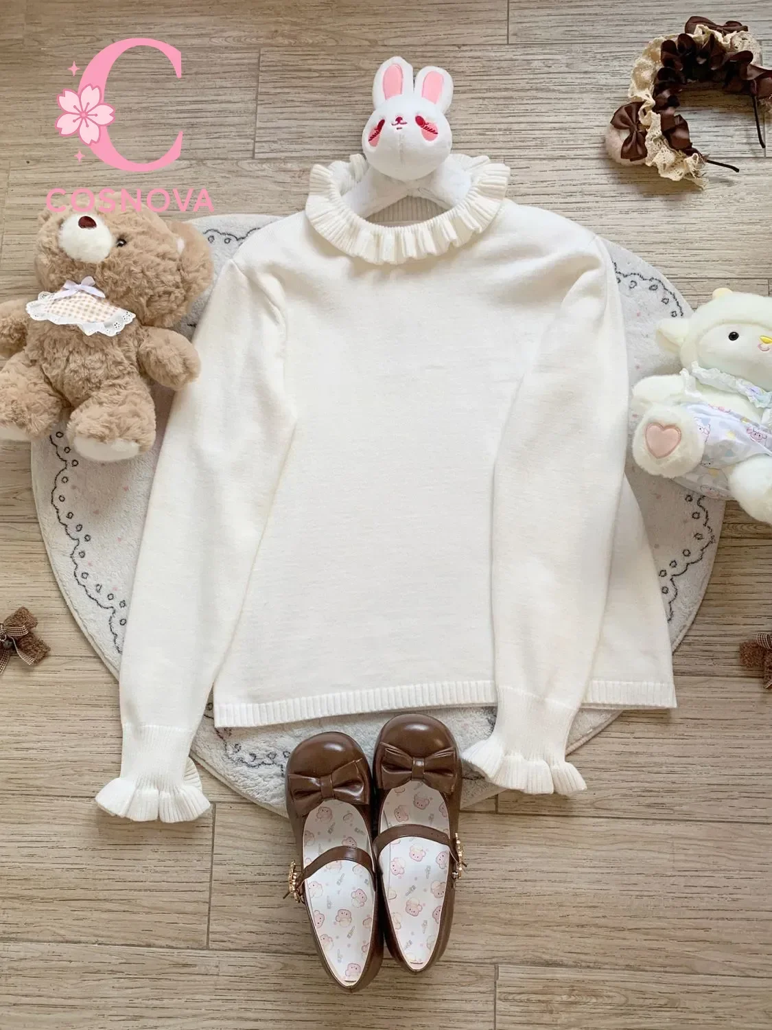 

Japanese Sweet Lolita Knit Sweater Women Autumn Winter 2025 White Ruffle Trim Pullover Soft Cozy Inner Layer Elegant Kawaii Top