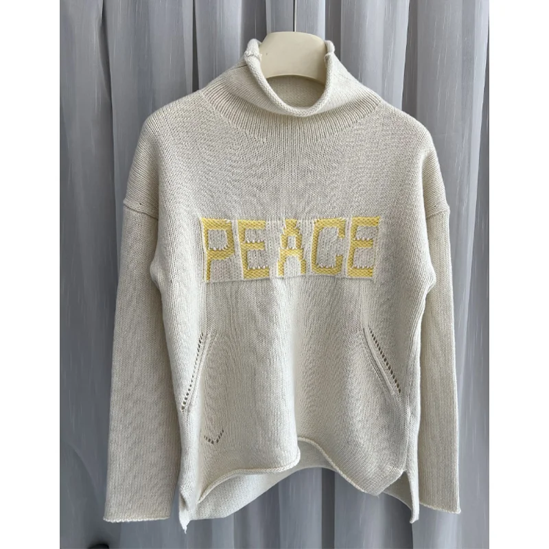 Zadig wełniany sweter damski z golfem latte sweter damski Casual Peace Letter swetry damskie haftowane kaszmirowe pulowerowe topy