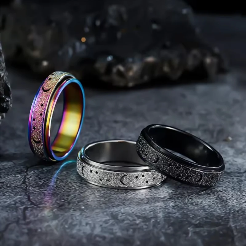 1pc Anxiety/ Fidget Rotatable Stainless Steel Ring Unique Design Trendy Moon And Star Multi Colors To Choose Fashion Jewelry