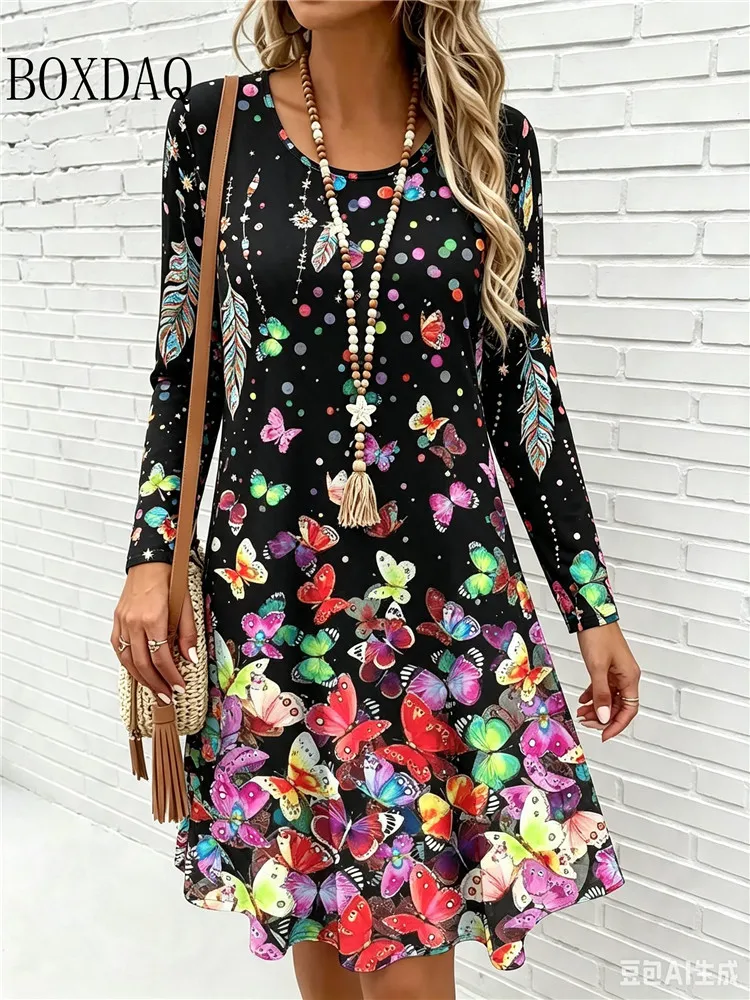 Women's Casual Long Sleeve Butterfly Flower Print Dress Vintage Casual Purple Floral Butterfly Design Woman Loose A-Line Dresses