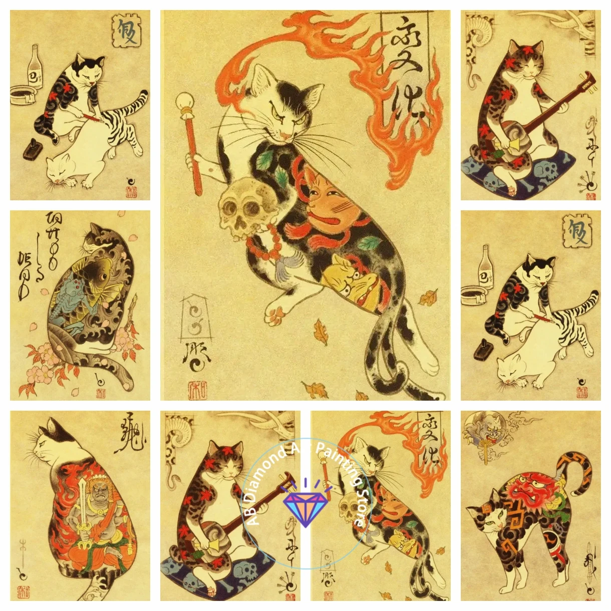 

AB Diamond Painting Kits Art Japanese Tattoo Samurai Cat 80S Retro Embroidery Mosaic Cross Stitch Home Decor Children's Gift