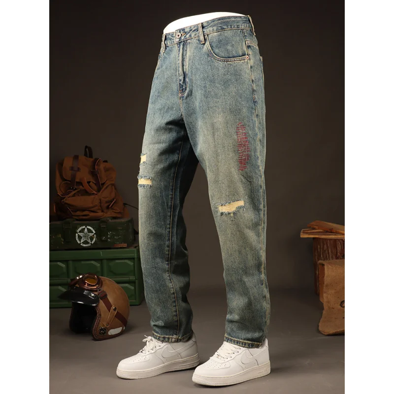 2025 موضة الشارع ملابس للرجال الأمريكية الرجعية الجينز الرجال فضفاض مستقيم أنبوب ثقب التصحيح الشباب السراويل الطويلة