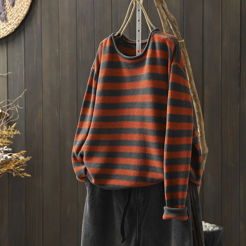 Korean Style Contrasting Color Stripes Ulzzang Loose 2024 Autumn New Versatile Knitted Women\'s Casual Pullovers Top