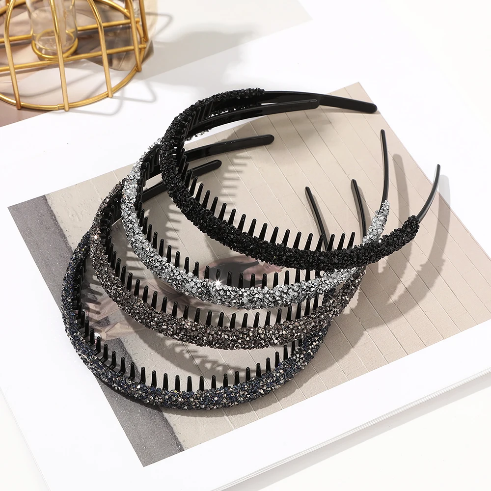 Toothed Non-slip Rhinestone Hair Hoops Headban for Women Elastic Headbands Luxury Hair Hoops Bezel Hairband for broken Hair