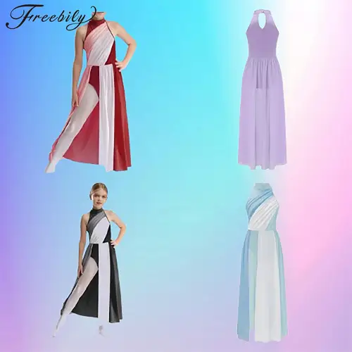 Imagen 1 del producto Vestido de baile lírico para niña, leotardo de gimnasia dividido de malla con falda, traje de danza contemporánea moderna, vestido de adoración y alabanza