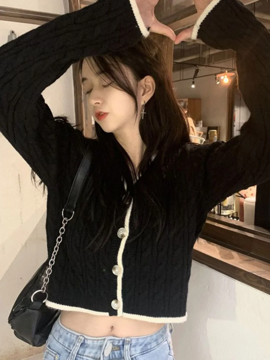 シックなニットセーター Vネック ツイストカラー ブロ ウィメンズ アウター カーディガン 春秋シーズン レギュラー スベ ロング ストレ...