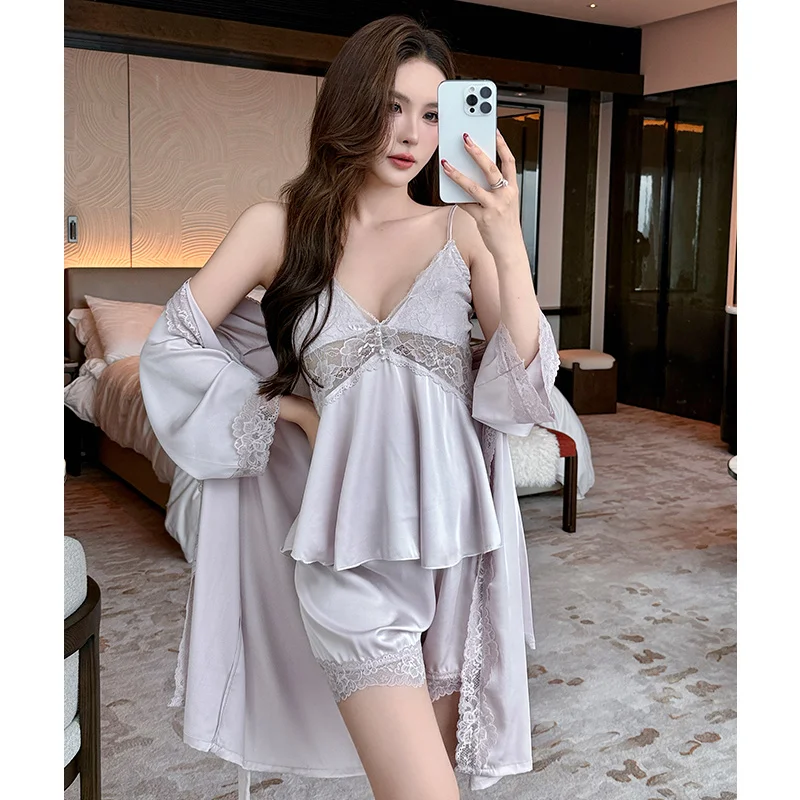 

Women's pajamas summer ice ribbon chest pad lace sexy robe, suspenders, shorts three-piece set new homewear