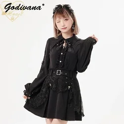 Japanese Style Lace Drill Buckle Belt Double Layer Skirt Lolita Spring Summer High Waist Lace Short Mini Skirt Sweet Girls