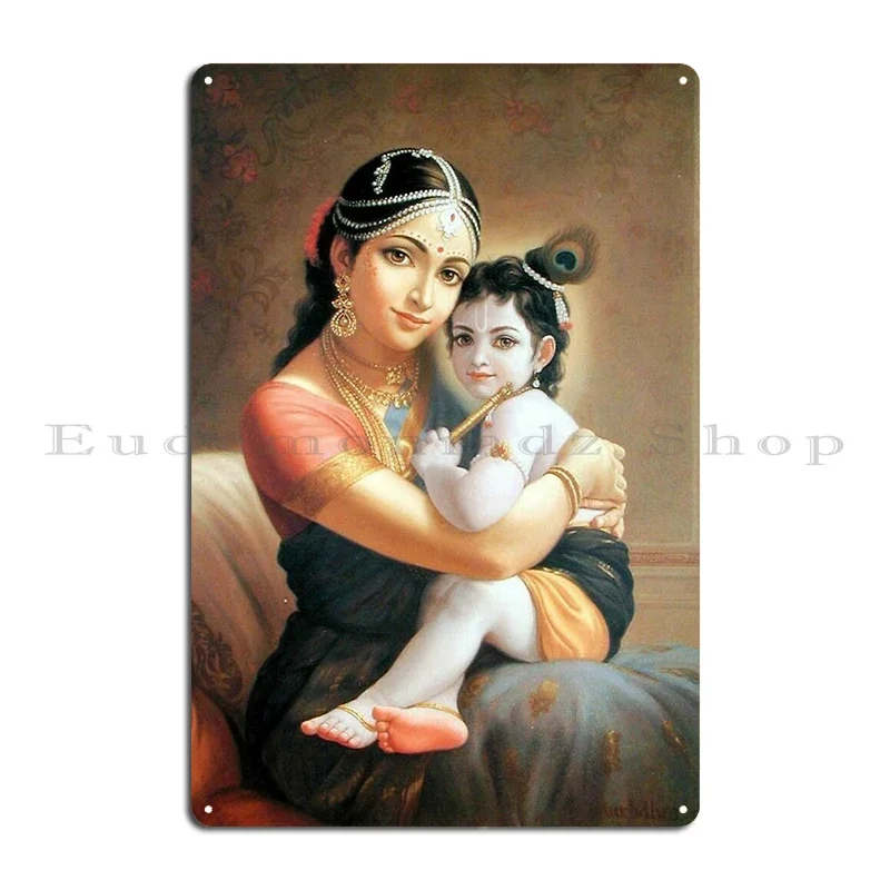 Baby Krishna With Mother Yashodha Lakshmi Kamala Devi Lotus Hindu Goddess Metal Garage Cave Vintage Painting Tin Sign Poster