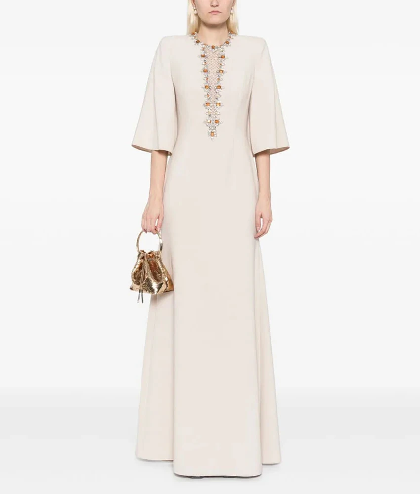 

MCDV Customized Luxury Crystal Beading Mermaid Jersey Evening Dress High Quality O-neck 3/4 Sleeves Floor Length Prom Gowns