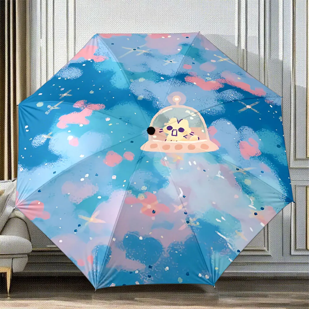 Cute Alien Spaceship in Dreamy Pink and Blue Galaxy portable waterproof sun rain umbrella for outdoor travel beach