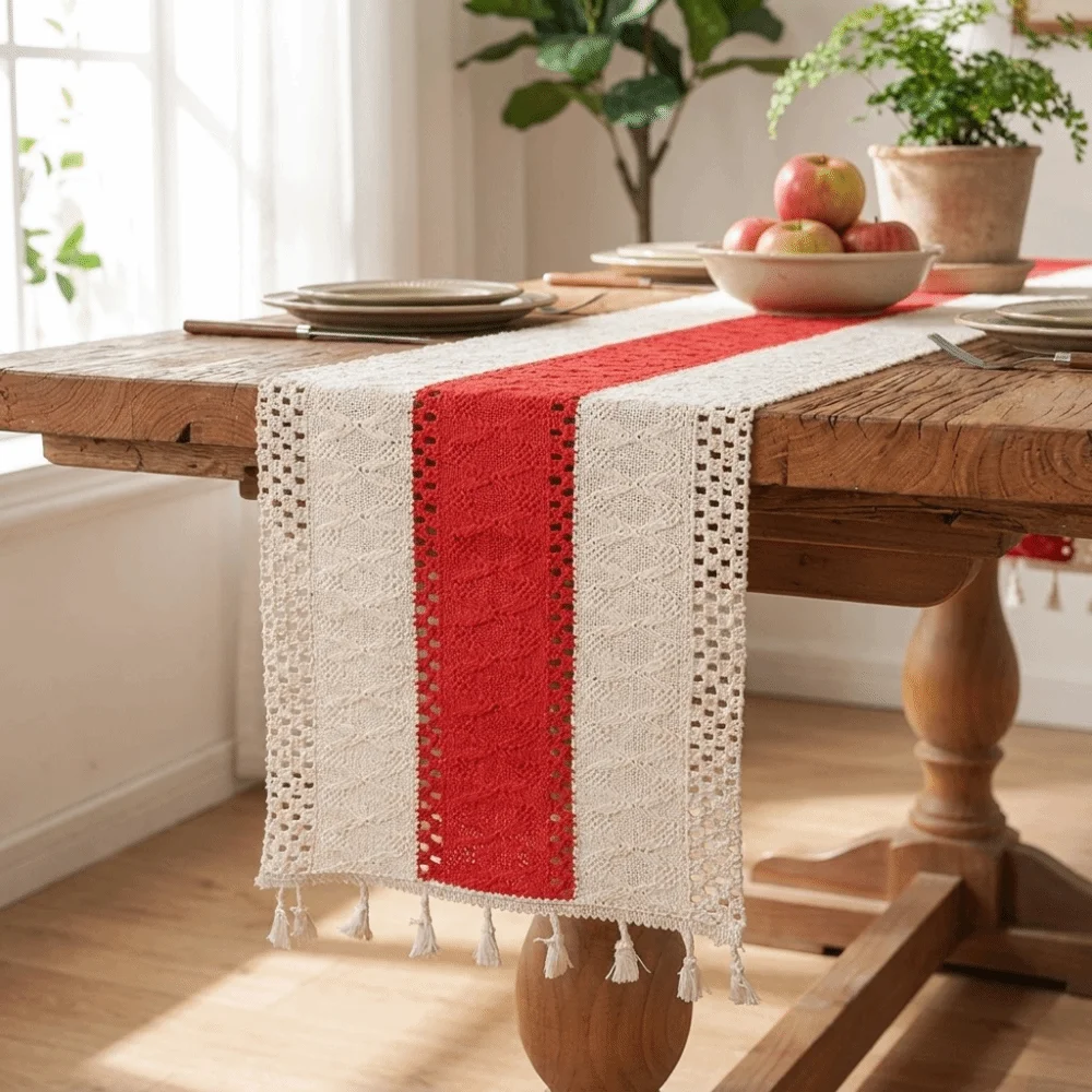 Rustic Style Knitted Hollow-out Table Runner Splicing Soft Bohemian Table Flag with Tassels Washable Knitted Cover Cloth