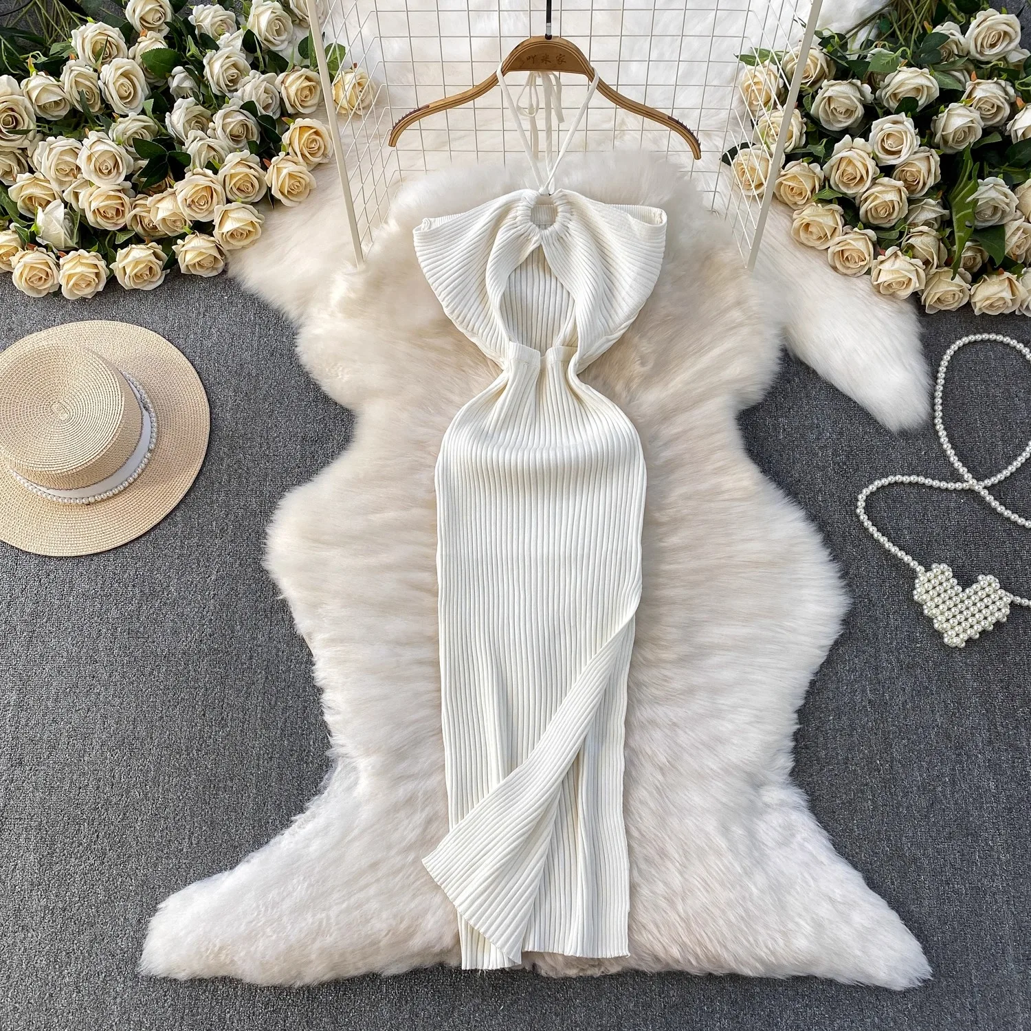 YuooMuoo Estilo de férias sexy envoltório quadris dividir vestido de verão de malha 2026 novo y2k halter magro longo bodycon vestido de festa praia robe