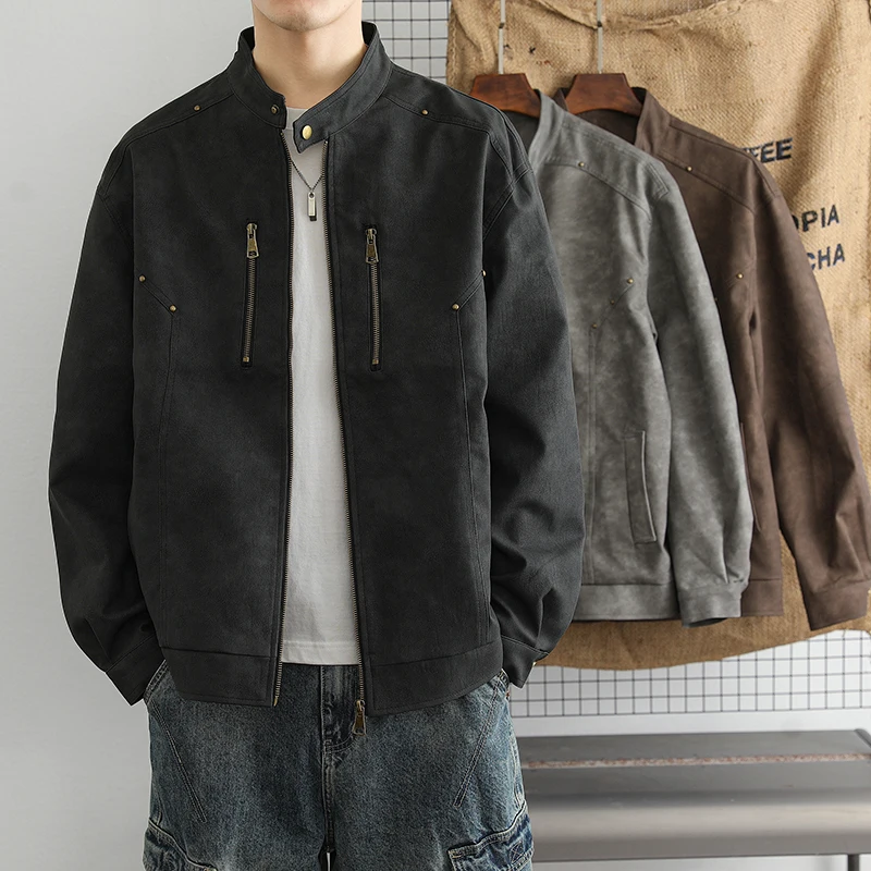 

Loose Fit PU Leather Jaet for Men Spring Autumn New Sle Casual Faionable Teenage Brand Cool Stand Collar Zipper Sve