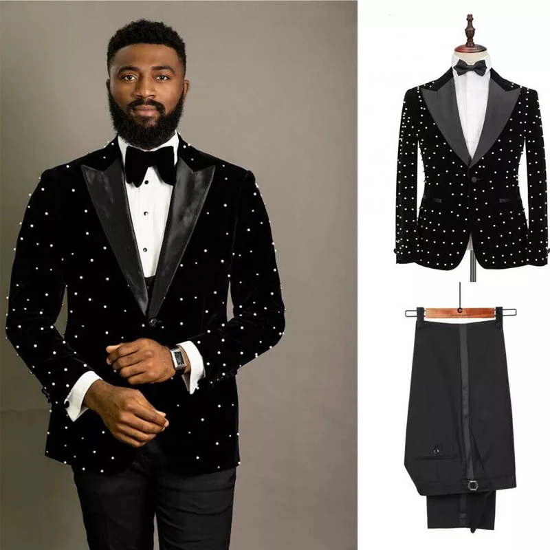 

2023 Luxury Pearls Men Suits Slim Fit Black Velour Wedding Tuxedos 2 Piece African Styls Jacket With Pants Groom Wear Plus Size