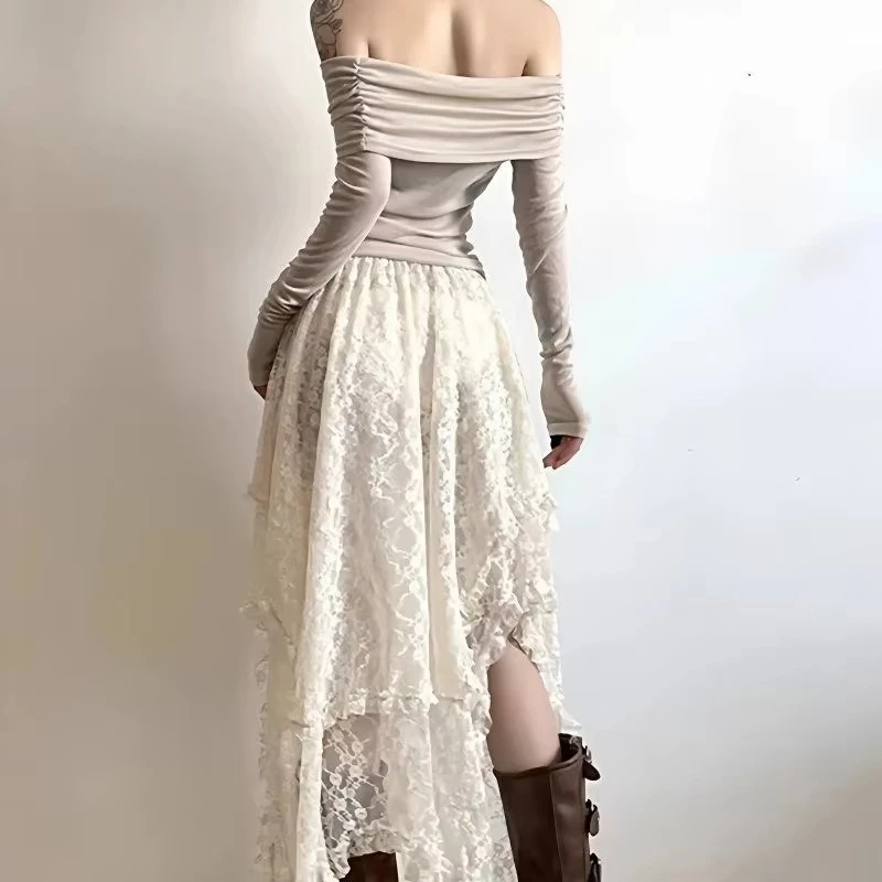 Boho Vintage Lace Maxi Skirt Irregular Hem Flowy A-line Forest Style Midi Skirt for Women Elegant Casual Beach Resort Outfit