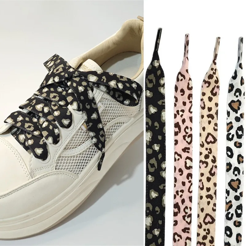 1.5cm Polyester Cotton Leopard Print Flat Shoelaces Brown Black Replacement Laces for Sports Casual Leather Shoes Dewax Shoes