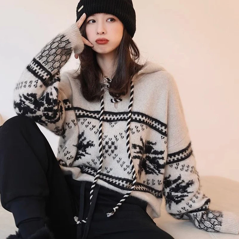 Christmas Red Knit Hooded Sweatshirt Women Sweet Tie Long Sleeve Jumper Fall Winter Thick Warm Loose Casual Y2K Pullover