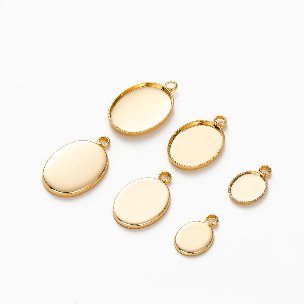 10 sztuk/partia 14K 18K pozłacane Cabochon z otworem podstawa wisiorka pusta taca Bezel DIY Handmade wisiorek komponenty do wyrobu biżuterii