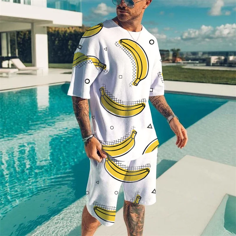 

Cute Fruit Pattern Set T-shirt Men's Hawaii Leisure Vacation T-shirts 2 Piece Beach Quick Drying Breathable Short Sleeve Set Men