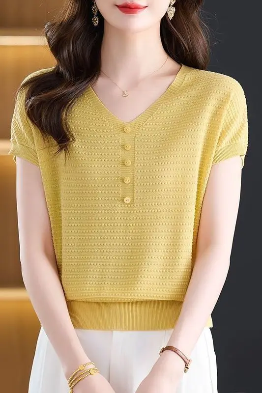 Women's Clothing High-grade Slim Fashion T-shirt Summer Casual Large Size Short Sleeve Knit Tee Lady V-neck Button Versatile Top