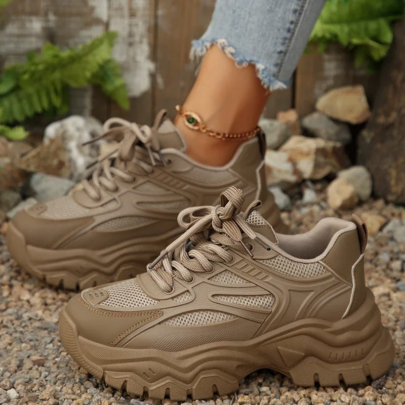 

Retro Khaki Chunky Platform Sneakers Women 2026 Autumn Thick Bottom Breathable Mesh Sports Shoes Non Slip Woman's Hiking Shoes