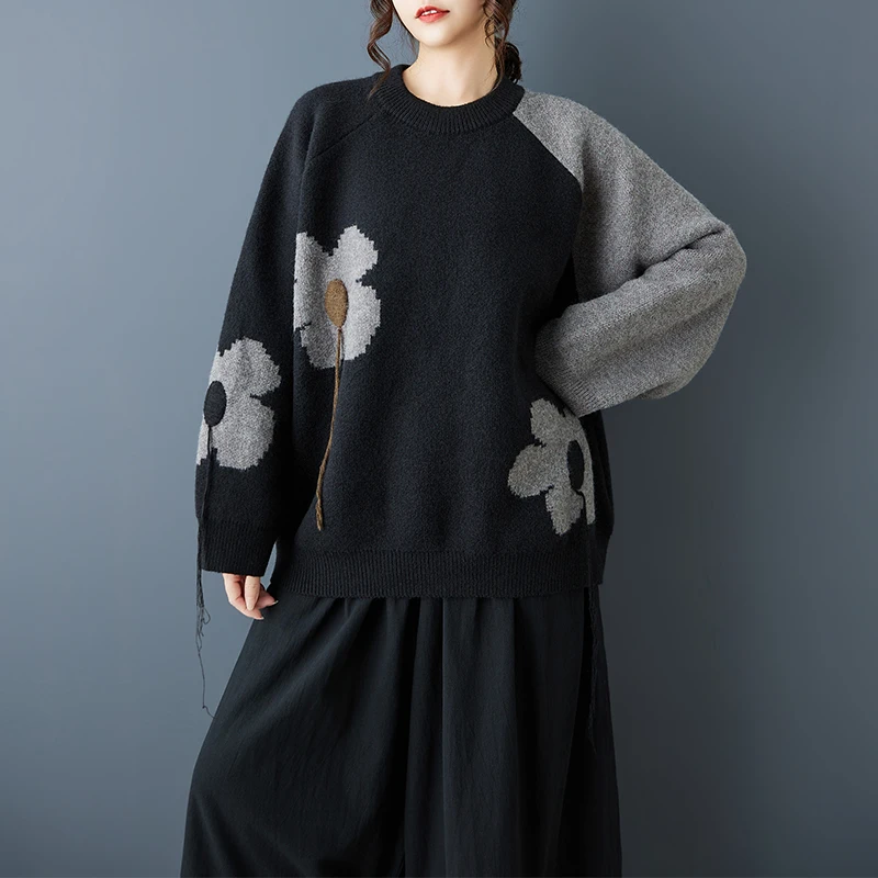 Black Short Sleeve Long Sleeve Knitted Sweater Autumn Winter Loose Fit Floral Patterned Overhead Design Rabbit Velvet Material