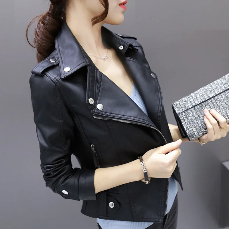 2024 New Fashion Women Autumn Winter Black Faux Leather Jackets Zipper Basic Coat Turn-down Collar Biker Jacket With Blet 3xl