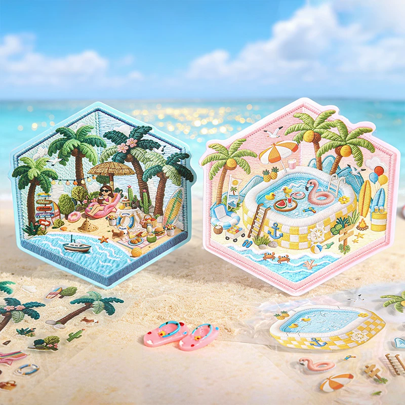 Embroidery Summer Theme 3D Cabin Scene DIY Sticker Landscape Sticker Stacking Pasting Festival Birthday Gift for Kid Child