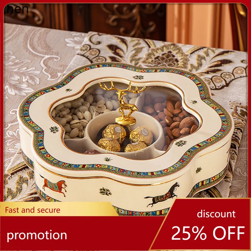 

YFY fruit plate suit living room luxurious high-end ceramic dried fruit box divided with cover wedding nut candy plate