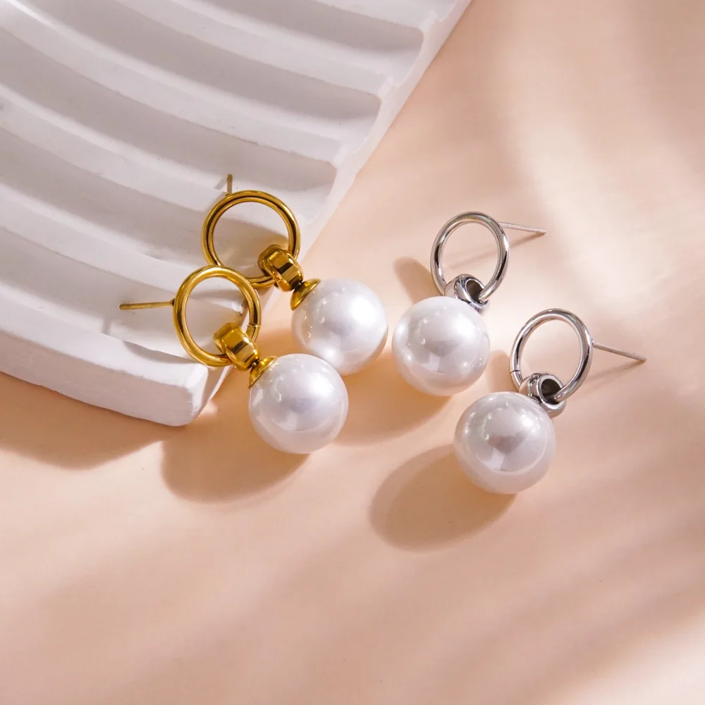 Fashionable Small Cute Pink White Pearl Stud Drop Earrings Women Stainless Steel Gold Plated Jewelry Earrings