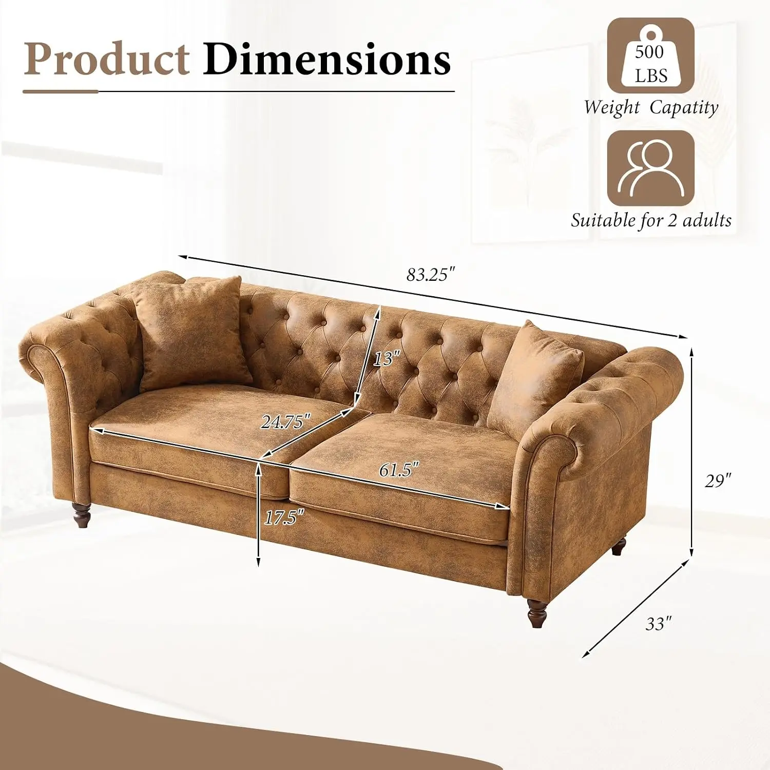 Mid Century Modern 3-Seater Chesterfield Faux Leather Sofa 83
