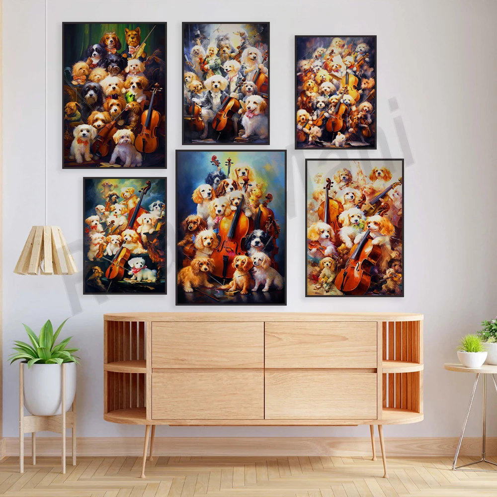 Puppy Orchestra Painting, Puppy Orchestra Art, Animal Dog Oil Painting Fine Art Print Colorful Pet Animal Wall Decor Poster