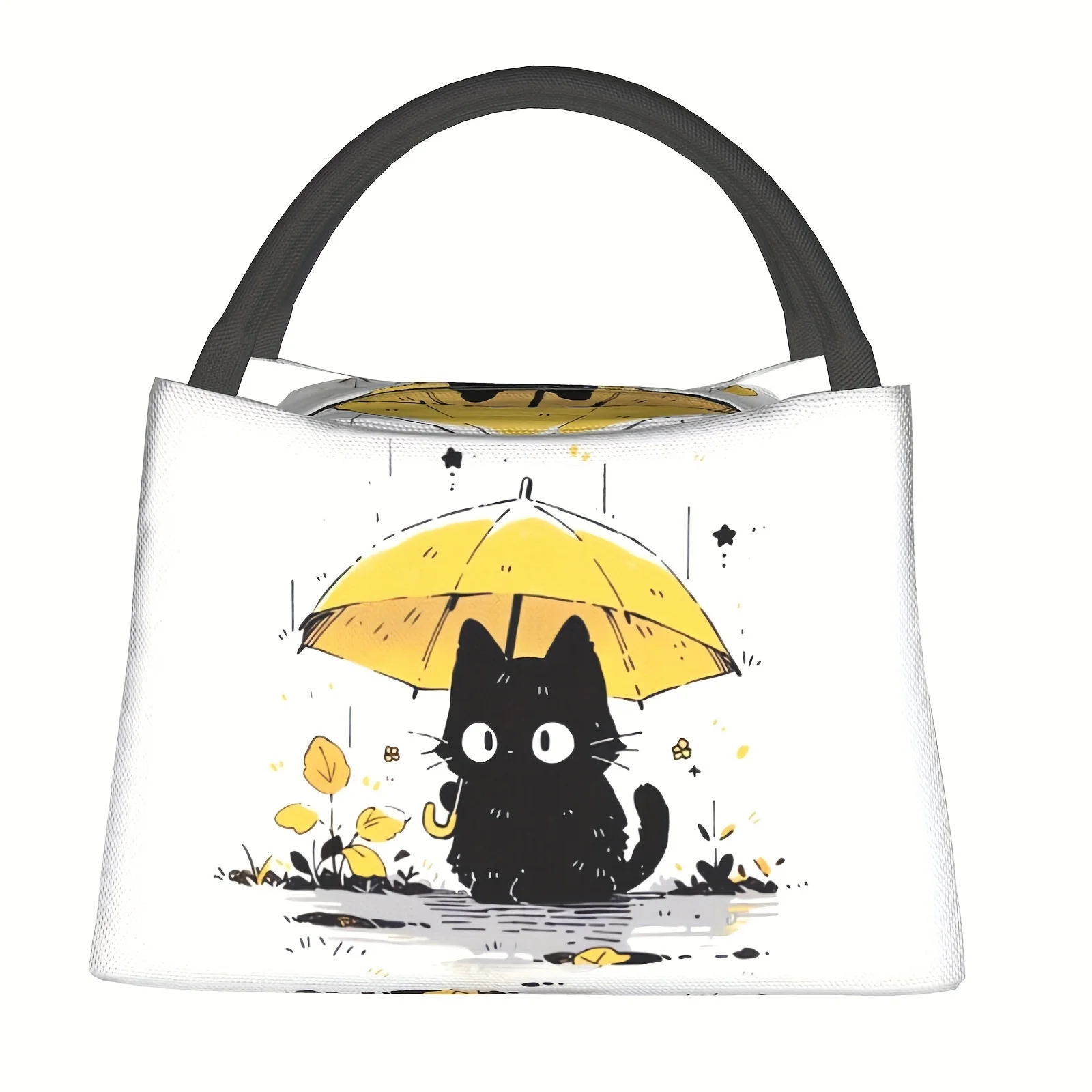 Cute Black Cat Yellow Umbrella Tote Bag Reusable Insulated Lunch Bag Perfect for Work Picnic Beach Camping Cat Lover Gifts