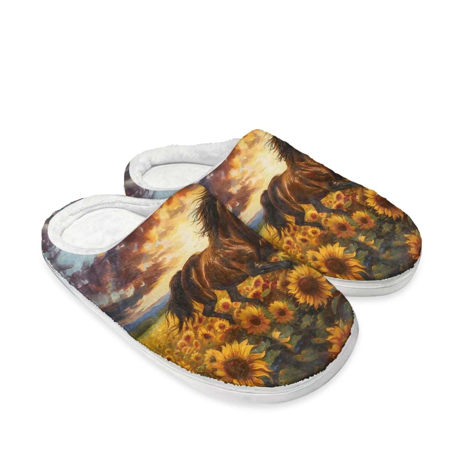 PENSTROLL Horse Sunflowers Slip On Fleece Slippers Travel Shoes for Outdoor Freelancer Home Shoes