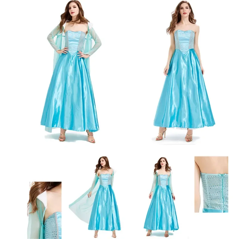 princesa cuento hadas para mujer, Top tubo azul claro, vestido largo con capa Sexy, Cosplay Halloween