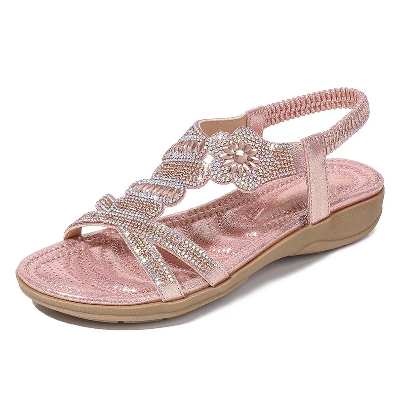 Plus Size 36-42 Shoes for Women Fashion Rhinestone Sandals Retro Flower Flat Beach Sandalias De Mujer Female Comfort Footwear