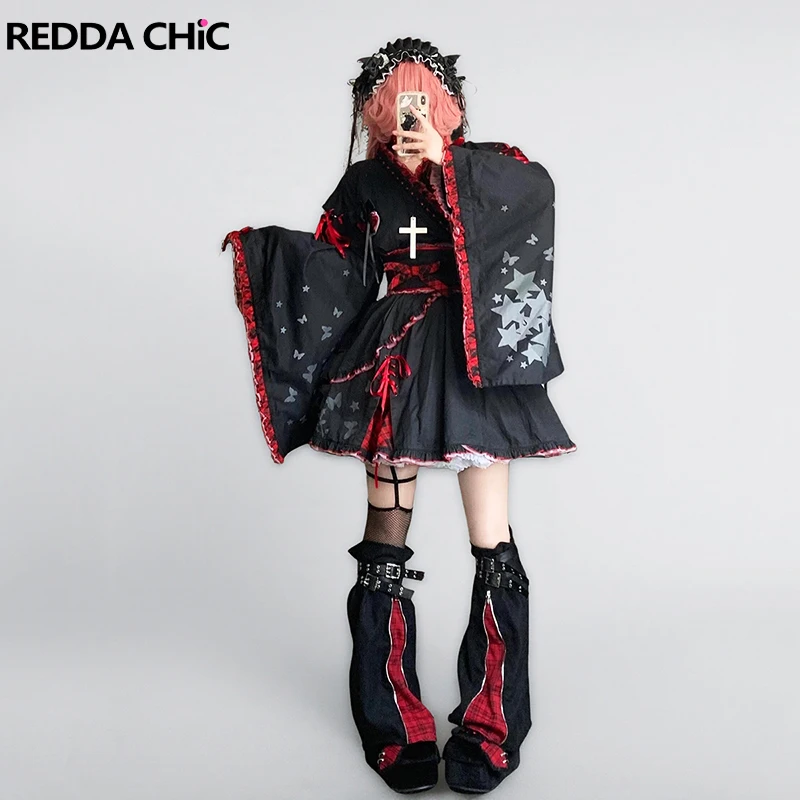 REDDACHiC Double-Belt Women Leg Warmers Alt Goth Checkered Patchwork Denim Black Zipper Boots Cover Vintage Harajuku Streetwear