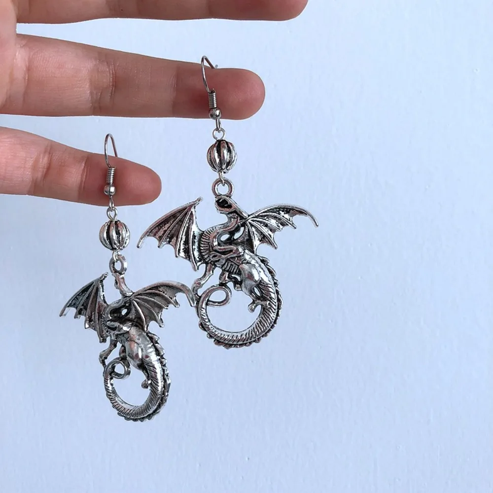 Gothic Punk Silver Color Lifelike Flying Dragon Pendant Dangle Earrings for Women Men Hallowmas Party Personality Jewelry Gifts