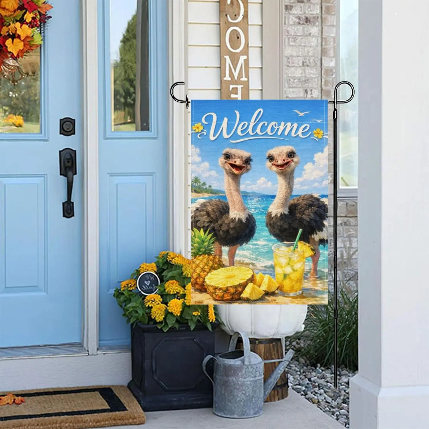 Summer Welcome Garden Flag 12x18 Inch,Funny Ostrich Beach Yard Flags Pineapple Drink Coastal Decor,Cute Animals Double Sided AAS